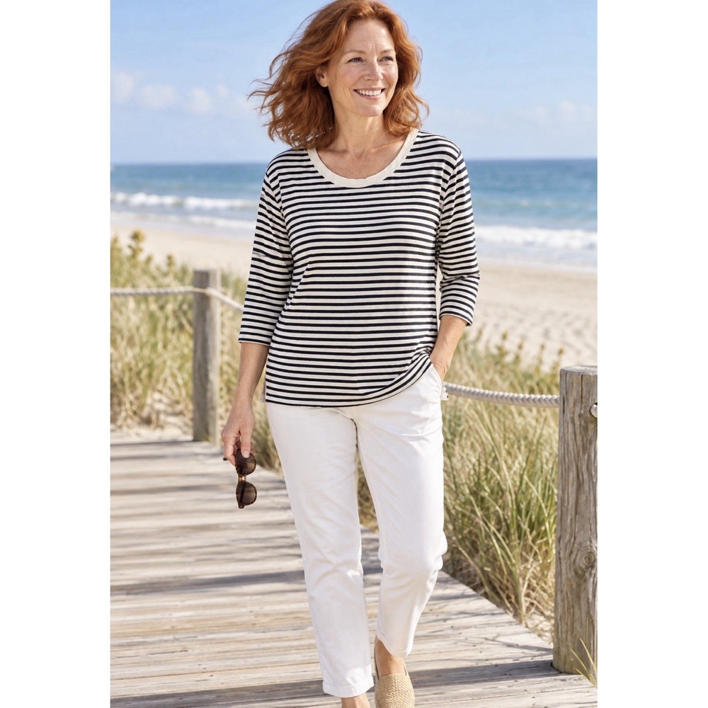 Talbots Womens Top S Black & White Striped Long Sleeve Pullover Shirt nautical